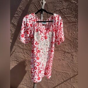 TAJ by Sabrina Crippa red and white beaded embroidered cotton mini dress